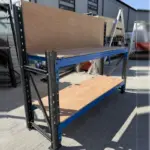 Индустриална работна маса с панел от шперплат L2000 x D600 x H1000/1500 мм – 1000 кг/ниво, СИВО И СИНЬО - Image 2