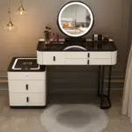 Смарт тоалетка за грим ISABELLA – с кръгло LED огледало и плот от закалено стъкло, 120x40x120 см - Image 2