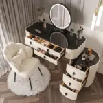 Тоалетка за грим BELLA – с кръгло огледало и плот от закалено стъкло, 120x40x120 см - Image 3