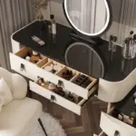 Тоалетка за грим BELLA – с кръгло огледало и плот от закалено стъкло, 120x40x120 см - Image 4