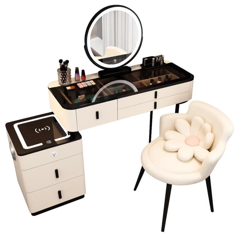 masuta-de-machiaj-eleganta-cu-oglinda-rotunda-si-blat-din-sticla-securizata-120x40x120-cm-789__w800_h800_c Смарт тоалетка за грим ISABELLA – с кръгло LED огледало и плот от закалено стъкло, 120x40x120 см - Image 1