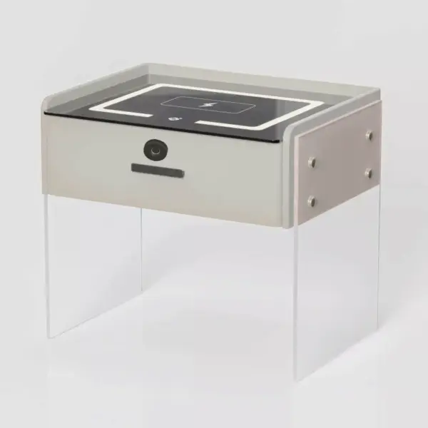 Интелигентно нощно шкафче с безжично зареждане, LED осветление, 1 чекмедже за съхранение, Bluetooth високоговорител и заключване с пръстов отпечатък – бяло, модерен дизайн от стъкло и дърво