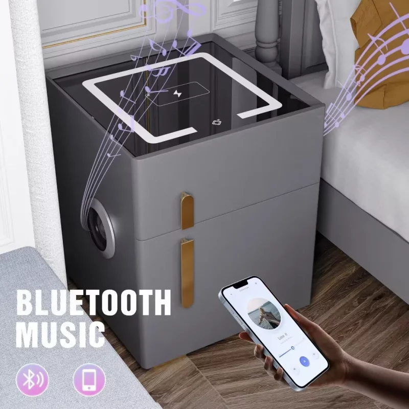 Интелигентно нощно шкафче с безжично зареждане, LED осветление, 1 чекмедже за съхранение, сейф, USB и Type-C портове и Bluetooth високоговорител 10W – оранжево, модерен дизайн от стъкло и дърво - Image 4
