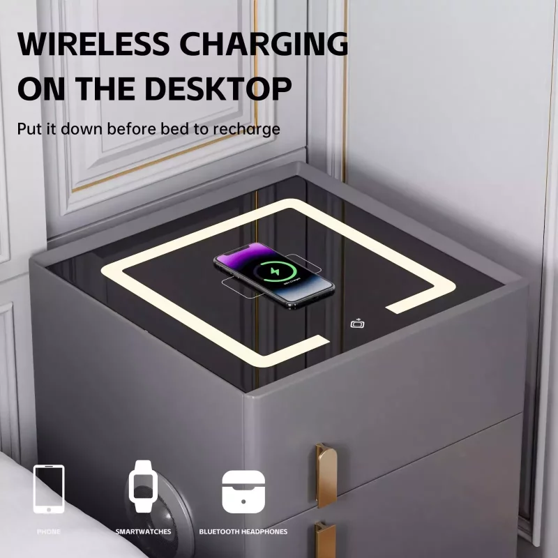 Интелигентно нощно шкафче с безжично зареждане, LED осветление, 1 чекмедже за съхранение, сейф, USB и Type-C портове и Bluetooth високоговорител 10W – оранжево, модерен дизайн от стъкло и дърво - Image 5