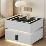 Интелигентно нощно шкафче с безжично зареждане, LED осветление, 2 чекмеджета за съхранение, сензор за нощна светлина и кодирана ключалка – бяло, модерен дизайн от стъкло и дърво - Image 2