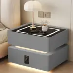 Интелигентно нощно шкафче с безжично зареждане, LED осветление, 2 чекмеджета за съхранение, сензор за нощна светлина и кодирана ключалка – антрацит сиво, модерен дизайн от стъкло и дърво - Image 2