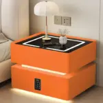 Интелигентно нощно шкафче с безжично зареждане, LED осветление, 2 чекмеджета за съхранение, сензор за нощна светлина и кодирана ключалка – оранжево, модерен дизайн от стъкло и дърво - Image 2