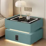 Интелигентно нощно шкафче с безжично зареждане, LED осветление, 2 чекмеджета за съхранение, сензор за нощна светлина и кодирана ключалка – зелено, модерен дизайн от стъкло и дърво - Image 2