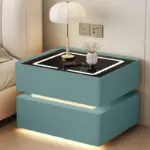 Интелигентно нощно шкафче с безжично зареждане, LED осветление, 2 чекмеджета за съхранение – зелено, модерен дизайн от стъкло и дърво - Image 2