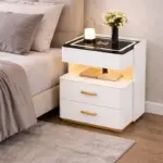 Интелигентно нощно шкафче с безжично зареждане, LED осветление, 3 чекмеджета за съхранение – бял цвят, модерен дизайн от стъкло и дърво - Image 3