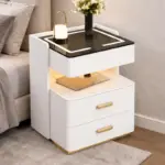 Интелигентно нощно шкафче с безжично зареждане, LED осветление, 3 чекмеджета за съхранение – бял цвят, модерен дизайн от стъкло и дърво - Image 2