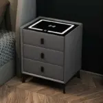 Интелигентно нощно шкафче с безжично зареждане, LED осветление и 3 чекмеджета – антрацитено сиво, модерен дизайн от стъкло и дърво. - Image 2