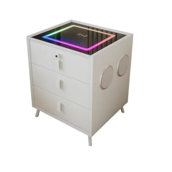 Интелигентно нощно шкафче с безжично зареждане и LED осветление – цвят: бял, 3 чекмеджета за съхранение, Bluetooth високоговорител