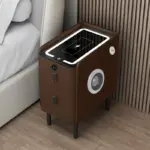 Тънко интелигентно нощно шкафче с безжично зареждане, LED осветление, Bluetooth високоговорител, USB и Type-C портове и система с пръстов отпечатък – кафяв цвят, 2 чекмеджета, модерен дизайн от стъкло и дърво. - Image 2