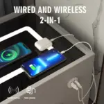 Тънко интелигентно нощно шкафче с безжично зареждане, LED осветление, Bluetooth високоговорител, USB и Type-C портове и система с пръстов отпечатък – кафяв цвят, 2 чекмеджета, модерен дизайн от стъкло и дърво. - Image 4
