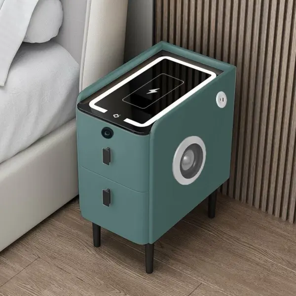 Тънко интелигентно нощно шкафче с безжично зареждане, LED осветление, Bluetooth високоговорител, USB и Type-C портове и система с пръстов отпечатък – зелен цвят, 2 чекмеджета, модерен дизайн от стъкло и дърво.