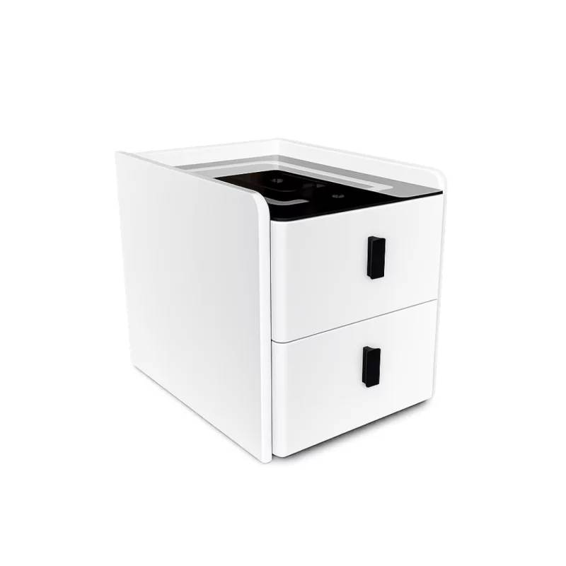 noptiera-inteligenta-slim-cu-incarcare-wireless-iluminare-led-si-2-sertare-culoare-alb-design-modern-din-sticla-si-lemn-928__w800_h800_c Тънко интелигентно нощно шкафче с безжично зареждане, LED осветление и 2 чекмеджета – бял цвят, модерен дизайн от стъкло и дърво. - Image 1