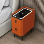 Тънко интелигентно нощно шкафче с безжично зареждане, LED осветление и две чекмеджета – оранжев цвят, модерен дизайн от стъкло и дърво - Image 2