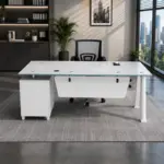 Комплект Prime & FlexiPro – Бюро със стъклен плот, фиксиран страничен шкаф и ергономичен офис стол с мрежеста облегалка - Image 3
