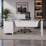 Комплект Prime & FlexiPro – Бюро със стъклен плот, фиксиран страничен шкаф и ергономичен офис стол FlexiPro с мрежеста облегалка - Image 5