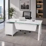 Комплект Prime & FlexiPro – Бюро със стъклен плот, фиксиран страничен шкаф и ергономичен офис стол FlexiPro с мрежеста облегалка - Image 4