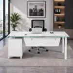 Комплект Prime & FlexiPro – Бюро със стъклен плот, фиксиран страничен шкаф и ергономичен офис стол FlexiPro с мрежеста облегалка - Image 3