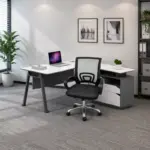 Комплект Reflection & FlexiPro – Бюро със страничен шкаф, метални крака и ергономичен офис стол с мрежеста облегалка - Image 4