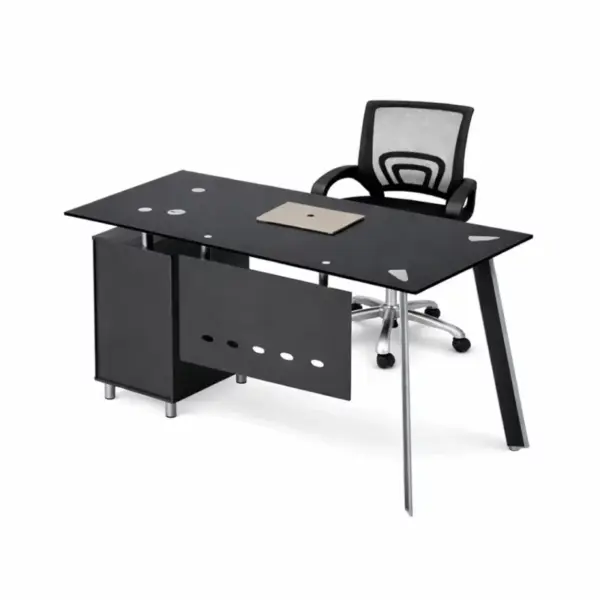 Комплект Venus & FlexiPro – Бюро със стъклен плот, фиксиран страничен шкаф и ергономичен офис стол с мрежеста облегалка