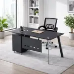 Комплект Venus & FlexiPro – Бюро със стъклен плот, фиксиран страничен шкаф и ергономичен офис стол с мрежеста облегалка - Image 3