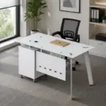 Комплект Venus & FlexiPro – Бюро със стъклен плот, фиксиран страничен шкаф и ергономичен офис стол с мрежеста облегалка - Image 3