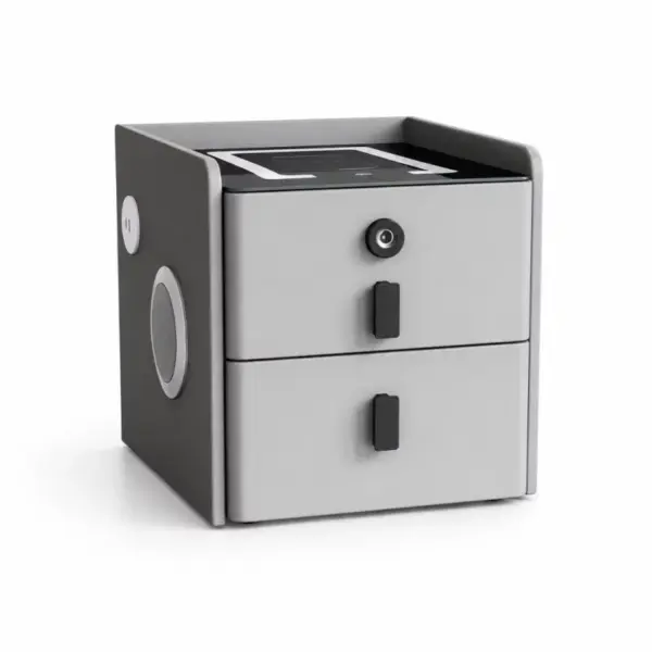 Тънко интелигентно нощно шкафче с безжично зареждане, LED осветление, Bluetooth високоговорител, USB и Type-C порт и система за пръстов отпечатък – антрацитносив цвят, 2 чекмеджета, модерен дизайн от стъкло и дърво