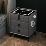 Интелигентно нощно шкафче с безжично зареждане, LED осветление, 3 чекмеджета, USB и Type-C порт, Bluetooth високоговорител и заключване с пръстов отпечатък – антрацитено сиво, модерен дизайн от стъкло и дърво. - Image 2
