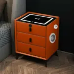 Интелигентно нощно шкафче с безжично зареждане, LED осветление, три чекмеджета, USB порт и Type-C порт, Bluetooth високоговорител и заключване с пръстов отпечатък – оранжев цвят, модерен дизайн от стъкло и дърво - Image 2