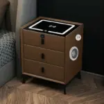 Интелигентно нощно шкафче с безжично зареждане, LED осветление, 3 чекмеджета, USB и Type-C порт, Bluetooth високоговорител и заключване с пръстов отпечатък – кафяв цвят, модерен дизайн от стъкло и дърво. - Image 2