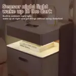 Интелигентно нощно шкафче с безжично зареждане, LED осветление, 3 чекмеджета за съхранение, сензор за нощна светлина, Bluetooth високоговорител и биометрично заключване – антрацитносив цвят, модерен дизайн от стъкло и дърво - Image 8